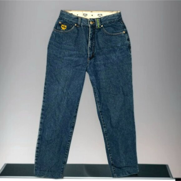 90s MCM Jeans Studded Logo Italy Blue Denim Mom Pants 30/25 Ankle Pedal Pushers
